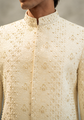 Elegant Off-White Embroidered Sherwani - Ozaan S04