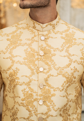 Classic Ivory Gold-Patterned Sherwani - Ozaan S06