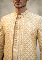 Soft Gold Intricately Patterned Sherwani - Ozaan S08