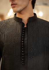 Deep Black Textured Sherwani - Ozaan S03