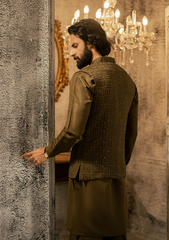 Deep Olive Embroidered Waistcoat - Ozaan W3