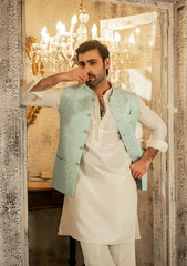 Pastel Aqua Textured Waistcoat - Ozaan W4