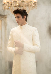 Elegant Off-White Embroidered Sherwani - Ozaan S04