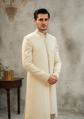 Classic Ivory Self-Textured Sherwani - Ozaan S05