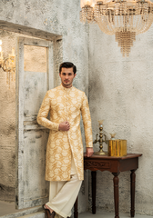 Classic Ivory Gold-Patterned Sherwani - Ozaan S06