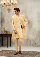 Warm Ivory Self-Patterned Sherwani - Ozaan S07