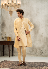 Warm Ivory Self-Patterned Sherwani - Ozaan S07