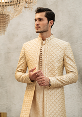 Soft Gold Intricately Patterned Sherwani - Ozaan S08