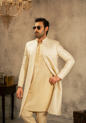 Refined Off-White Patterned Sherwani - Ozaan S17