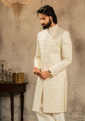Refined Ivory Intricately Textured Sherwani - Ozaan S18