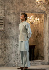 Pastel Blue Embroidered Waistcoat - Ozaan W5
