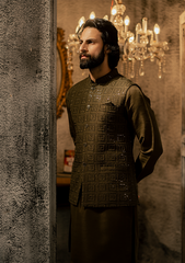 Deep Olive Embroidered Waistcoat - Ozaan W3