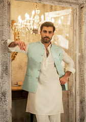Pastel Aqua Textured Waistcoat - Ozaan W4