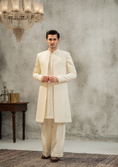 Classic Ivory Self-Textured Sherwani - Ozaan S05
