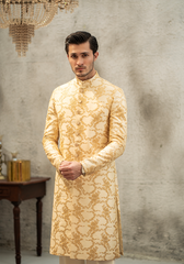 Classic Ivory Gold-Patterned Sherwani - Ozaan S06