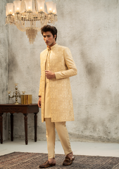 Warm Ivory Self-Patterned Sherwani - Ozaan S07