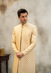 Soft Gold Intricately Patterned Sherwani - Ozaan S08