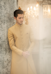 Regal Mustard-Gold Textured Sherwani - Ozaan S10