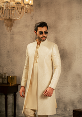 Refined Off-White Patterned Sherwani - Ozaan S17