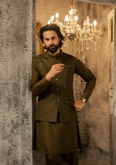 Deep Olive Embroidered Waistcoat - Ozaan W3