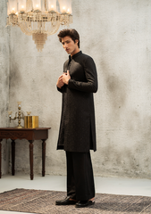 Classic Textured Black Sherwani - Ozaan S01