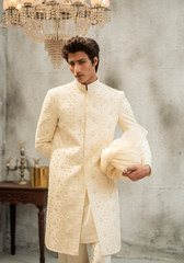 Elegant Off-White Embroidered Sherwani - Ozaan S04