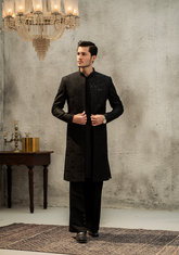 Textured Panelled Black Sherwani - Ozaan S02