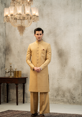 Regal Mustard-Gold Textured Sherwani - Ozaan S10