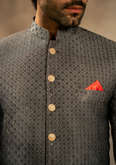 Charcoal Grey Textured Prince Coat - Ozaan P8