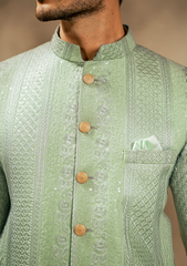 Pistachio Green Embroidered Prince Coat - Ozaan P10