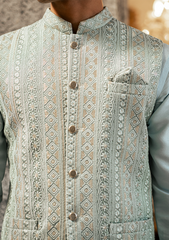 Pastel Blue Embroidered Waistcoat - Ozaan W5