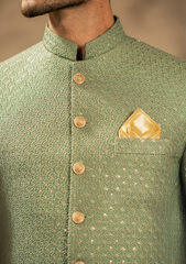 Sage Green Embroidered Prince Coat - Ozaan P7