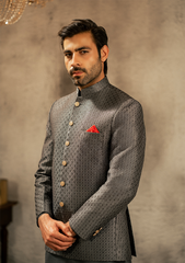 Charcoal Grey Textured Prince Coat - Ozaan P8