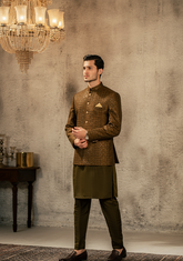 Deep Olive Embroidered Prince Coat - Ozaan P5