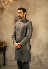 Charcoal Grey Textured Prince Coat - Ozaan P8