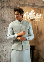 Pastel Blue Embroidered Waistcoat - Ozaan W5