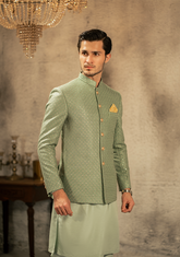 Sage Green Embroidered Prince Coat - Ozaan P7