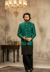 Emerald Teal Embroidered Prince Coat - Ozaan P6