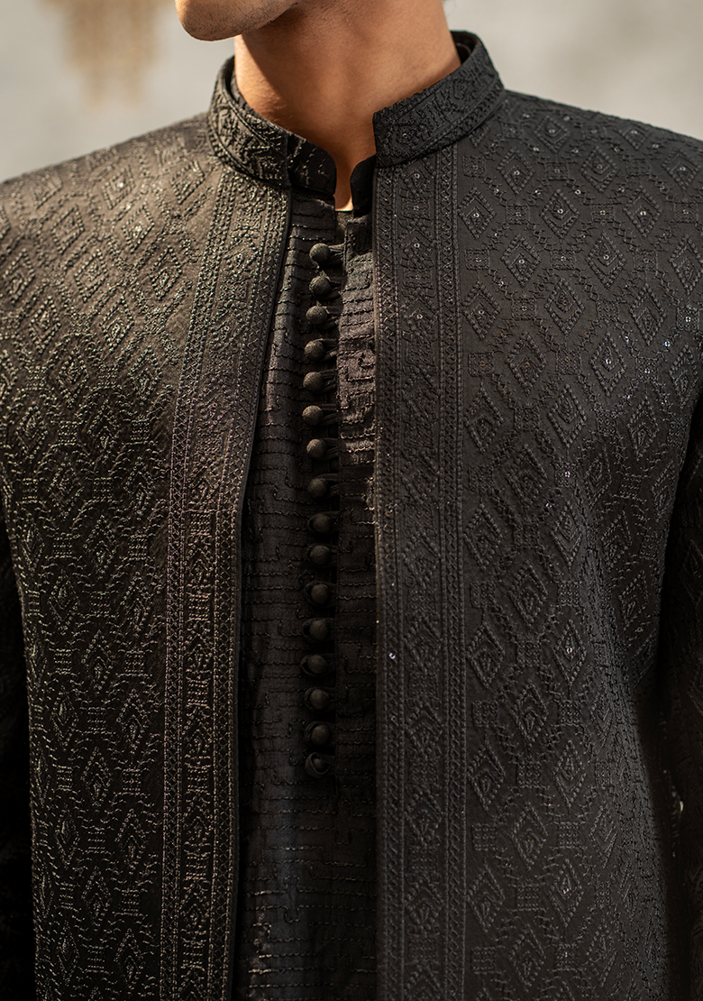 Classic Textured Black Sherwani - Ozaan S01