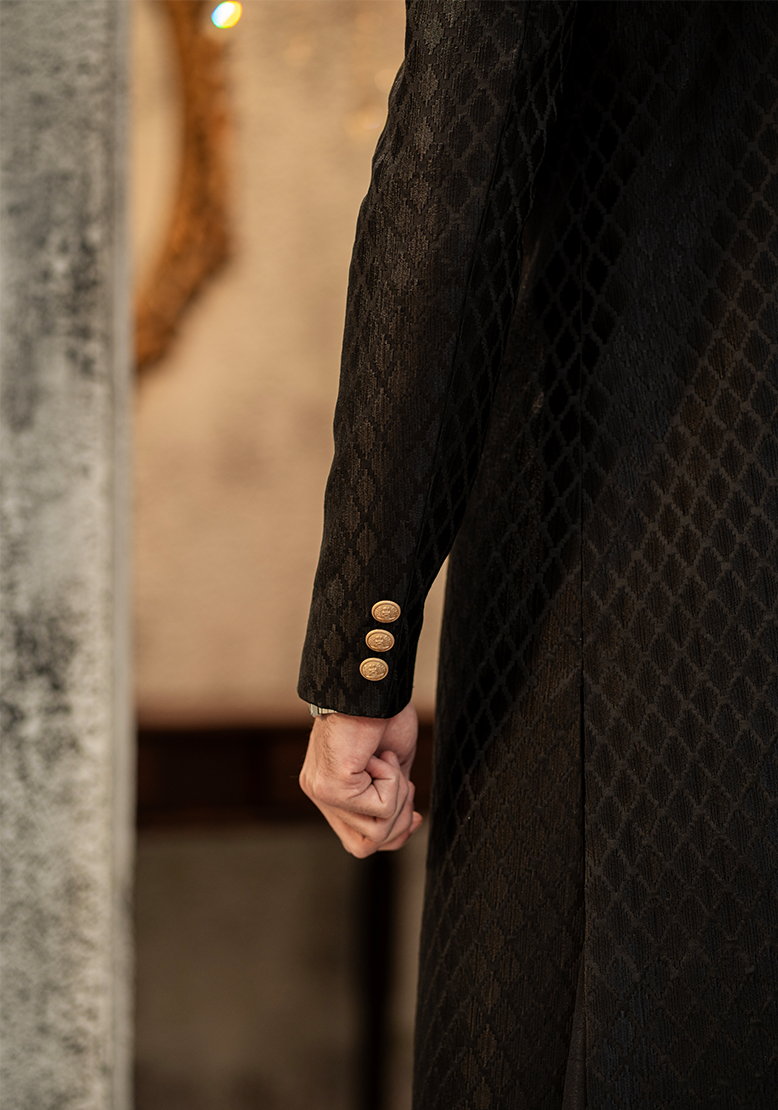 Classic Black Diamond-Textured Sherwani - Ozaan S11
