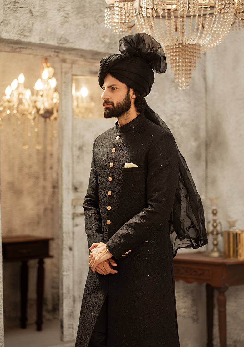 Regal Black Textured Sherwani - Ozaan S12