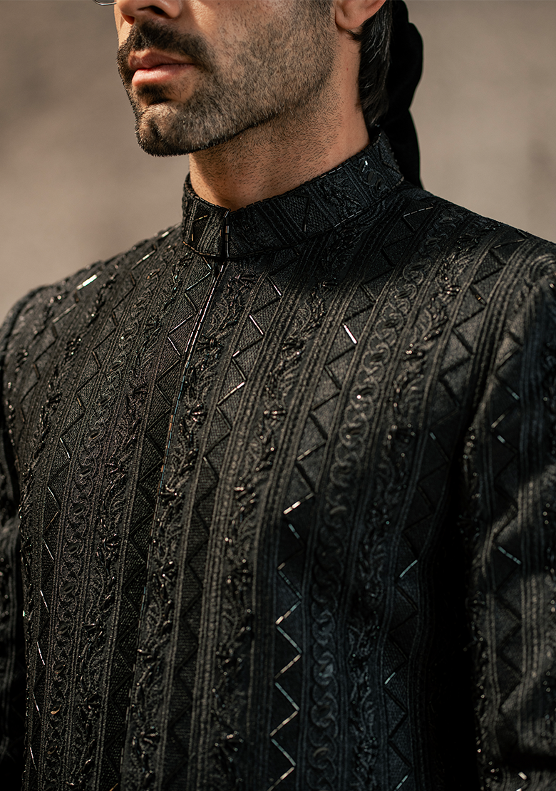 Regal Black Vertical-Textured Sherwani - Ozaan S13