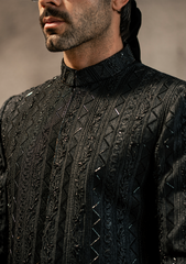 Regal Black Vertical-Textured Sherwani - Ozaan S13