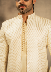 Refined Off-White Patterned Sherwani - Ozaan S17