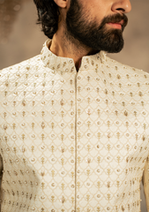 Refined Ivory Intricately Textured Sherwani - Ozaan S18