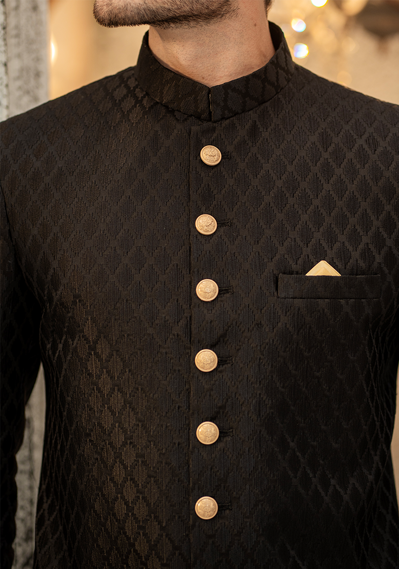 Classic Black Diamond-Textured Sherwani - Ozaan S11