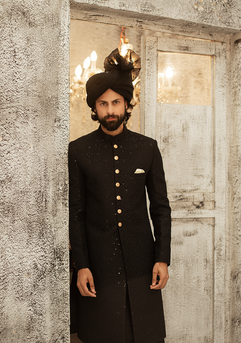 Regal Black Textured Sherwani - Ozaan S12