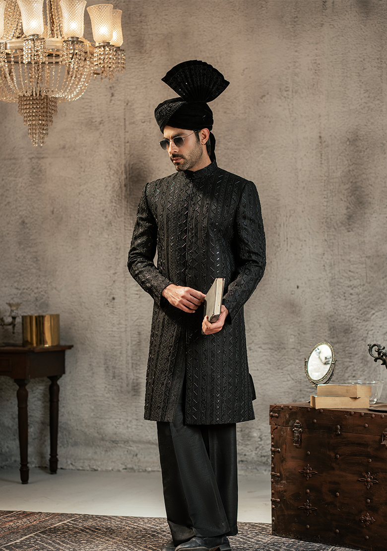 Regal Black Vertical-Textured Sherwani - Ozaan S13