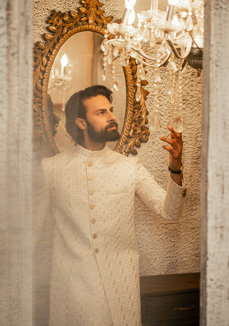 Classic Ivory Textured Sherwani - Ozaan S16