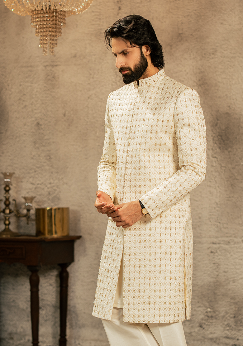 Refined Ivory Intricately Textured Sherwani - Ozaan S18